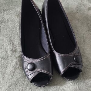 Women’s Black Peep-Toe  with Button Accent